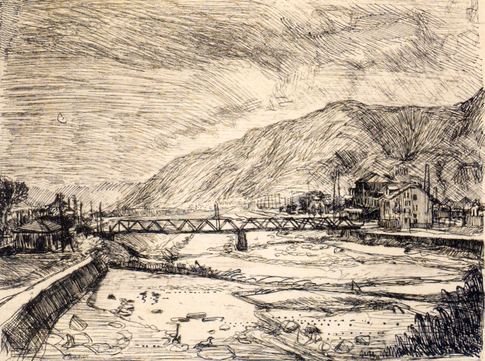 Luigi Bartolini, Ponte dell'Adige verso Marlengo, acquaforte 1938, Coll. Luciana Bartolini, Roma